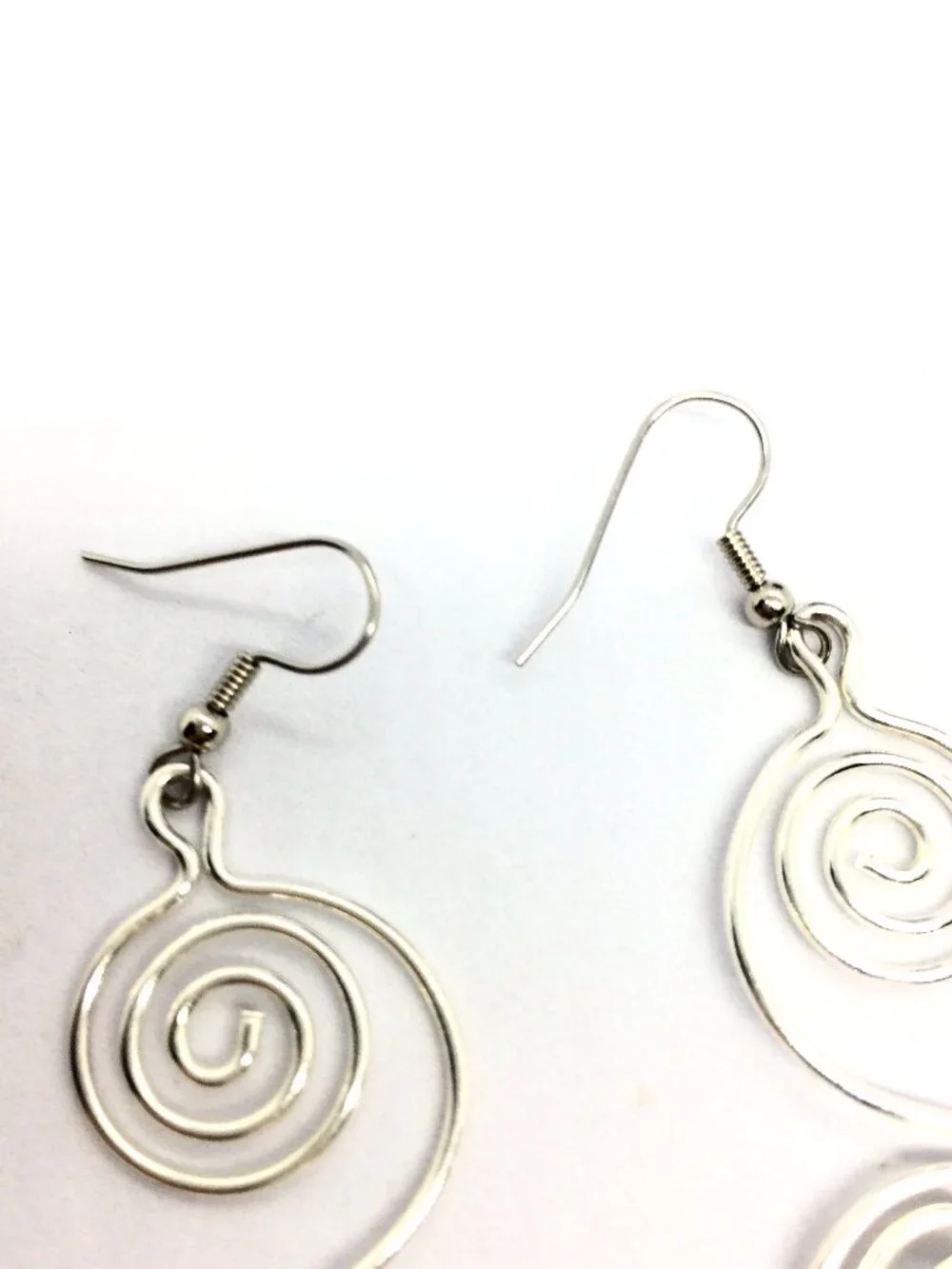 SILVER TONE EARRINGS Spiral Wire Iridescent Cabochon Modernist Dangle Pierced
